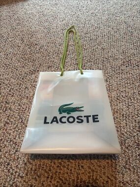 Lacoste White Plastic Tote Bag with Green Crocodile Logo and Green Handles Y2K